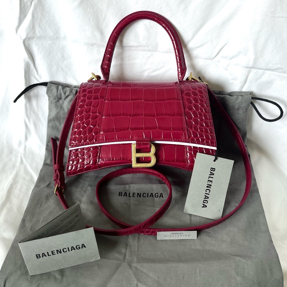 BALENCIAGA HOURGLASS SMALL HANDBAG CROCODILE EMBOSSED IN RASPBERRY RED